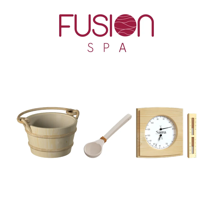 Kit sauna en bois : seau, louche, thermomètre et sablier