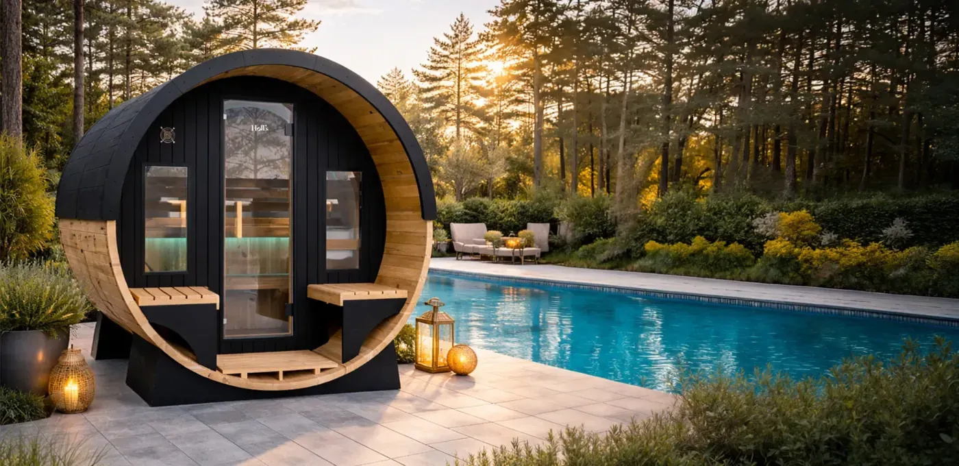 Sauna tonneau d’extérieur au bord d’une piscine