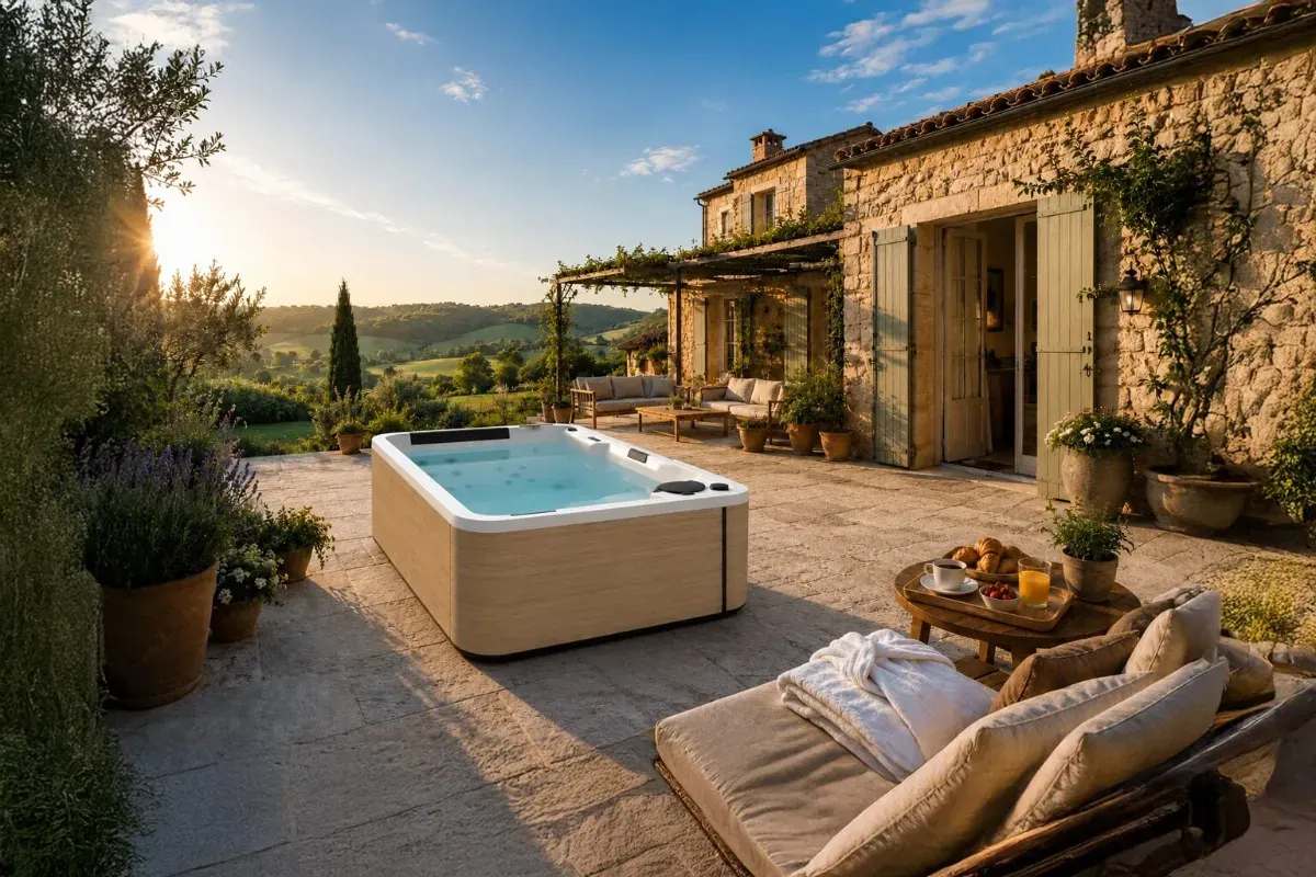 Spa compact sur la terrasse d'une maison en pierre en fin de journée