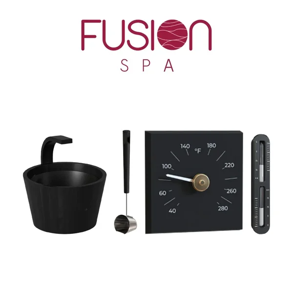 Kit sauna noir : seau, louche, thermomètre et sablier