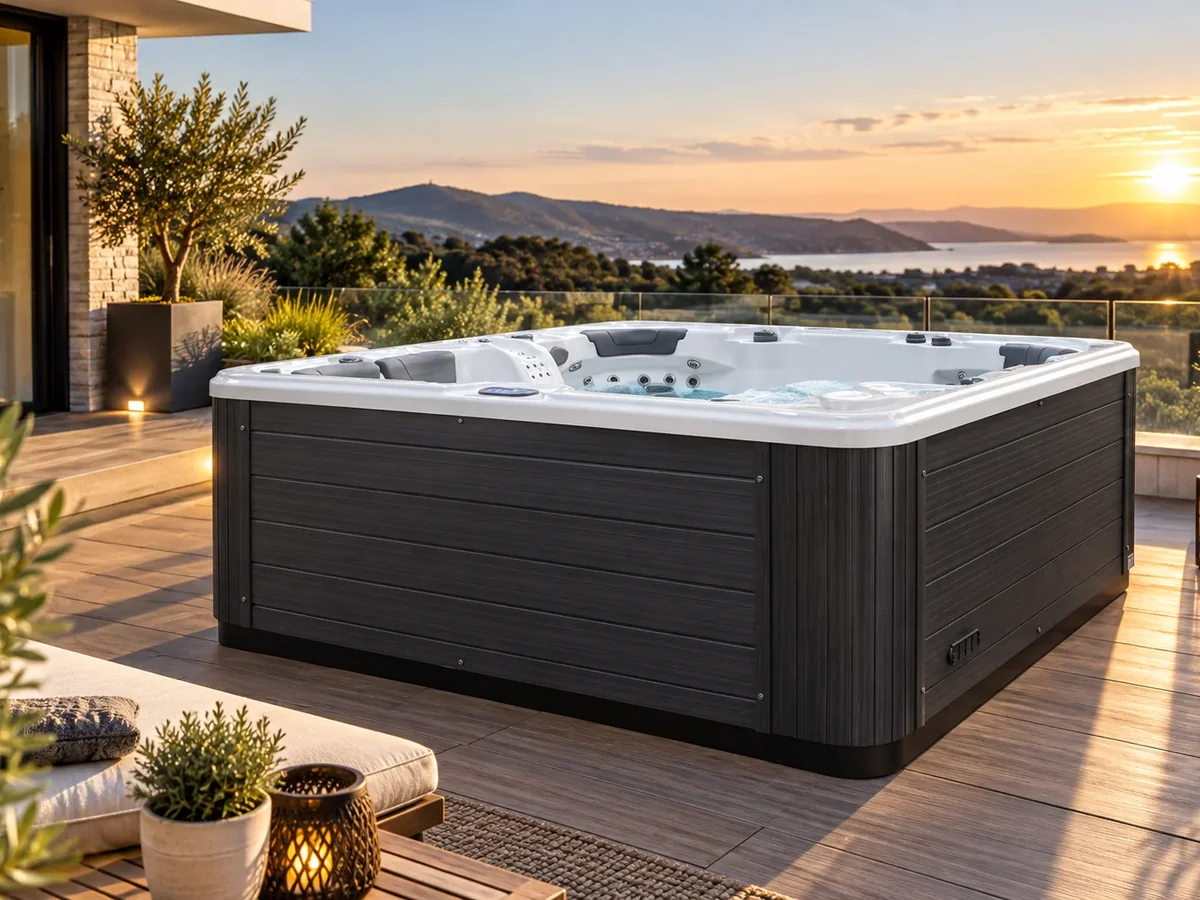 Spa installé sur une terrasse face à la mer au coucher du soleil