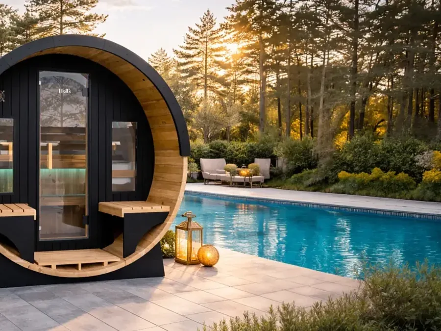 Sauna d’extérieur Orphée au bord d’une piscine en fin de journée
