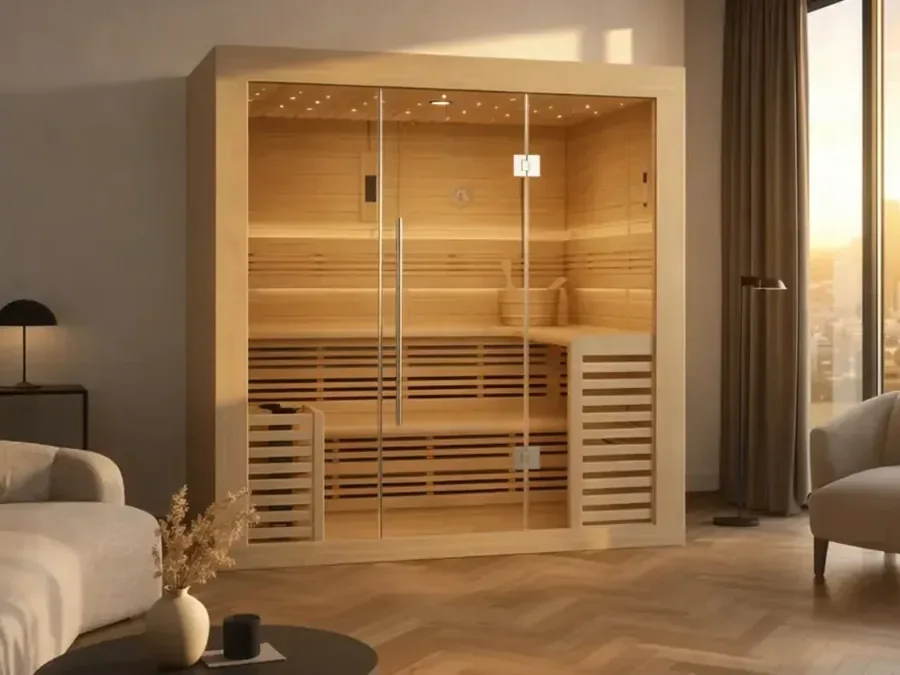 Sauna vapeur Utopia en hemlock installé dans un salon